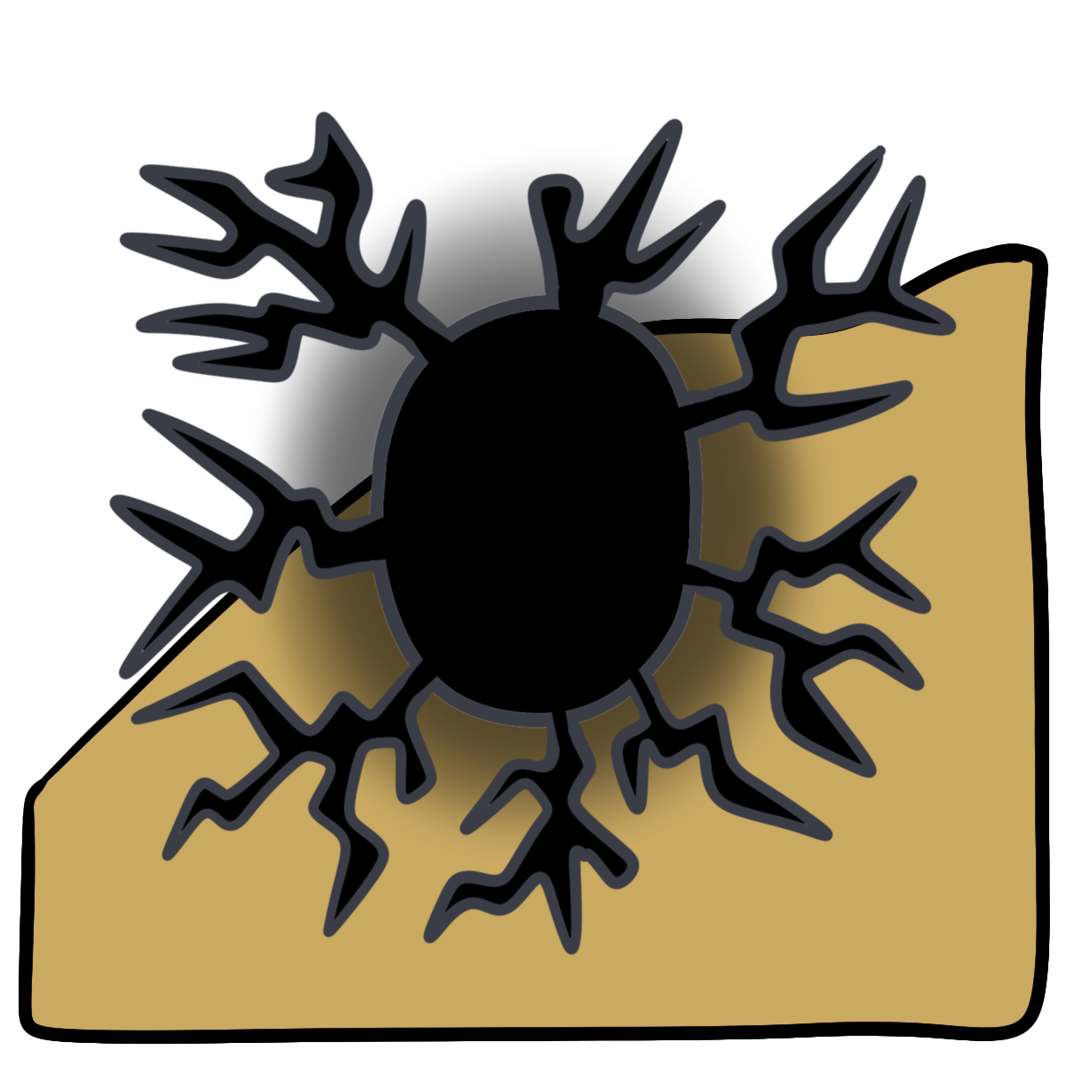 A black glowing oval with branching pointy lines coming from its sides. Curved yellow skin fills the bottom half of the background.